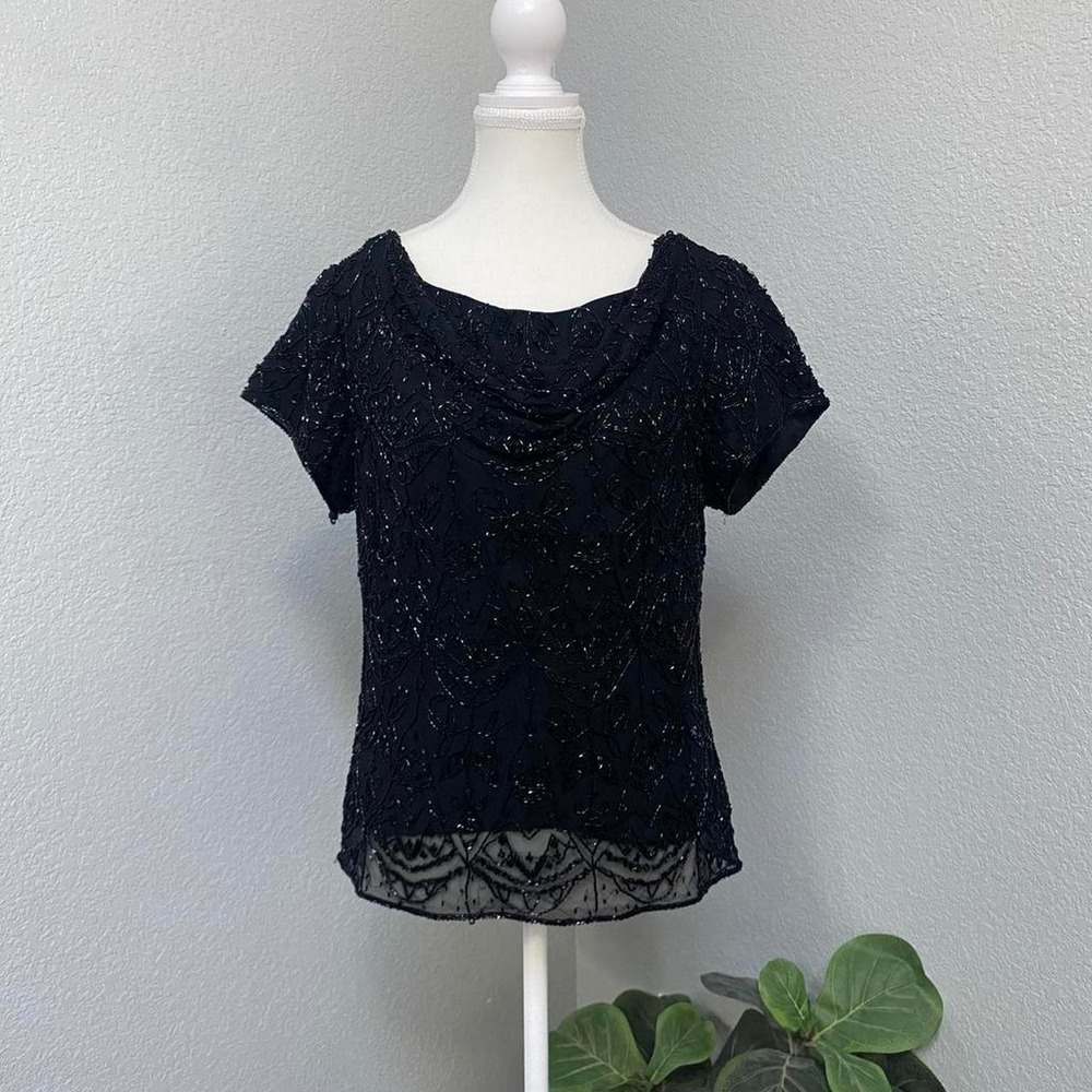 PARADISE NY BLACK BEADED SHEER SHORT SLEEVE SILK DRAPED NECK BLOUSE WHIMSICAL